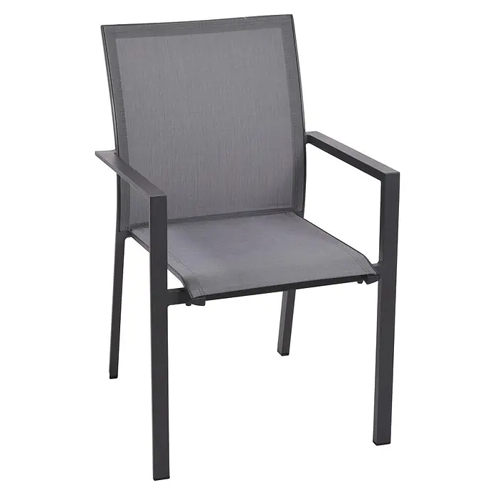 Garden Pleasure Gartenmöbel-Set Sophia - 9 -tlg., Aluminium, Polywood, Grau/Schwarz - Dunkelgrauer Outdoor-Stuhl mit Metallgestell und Netzgewebe-Sitz und -Rückenlehne. Mit Armlehnen.