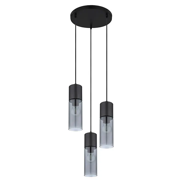 Globo Pendelleuchte Annika - Höhe: 1.500 mm - Dreiflammige schwarze Metall-Pendelleuchte mit zylindrischen Klarglasschirmen und sichtbaren Edison-LED-Leuchtmitteln.