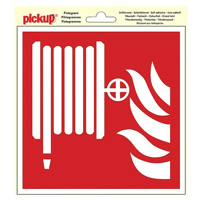 Pickup Etiqueta adhesiva - L x An: 15 x 15 cm, Manguera antiincendios, Rojo/Blanco - Señal de seguridad contra incendios roja cuadrada con un pictograma blanco que representa una manguera y llamas.