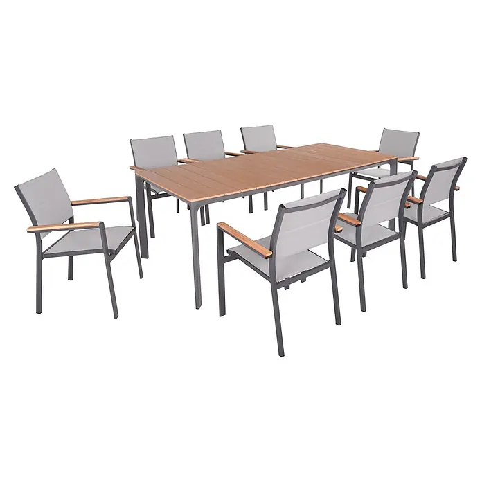 Garden Pleasure Gartenmöbel-Set Silea - 9 -tlg., Aluminium, Polywood, Anthrazit/Braun, Stapelbar - Rechteckiger Gartentisch mit Holzoptik-Platte und 8 Stühlen mit grauen Metallrahmen, hellgrauem Stoff und Holzarmlehnen.