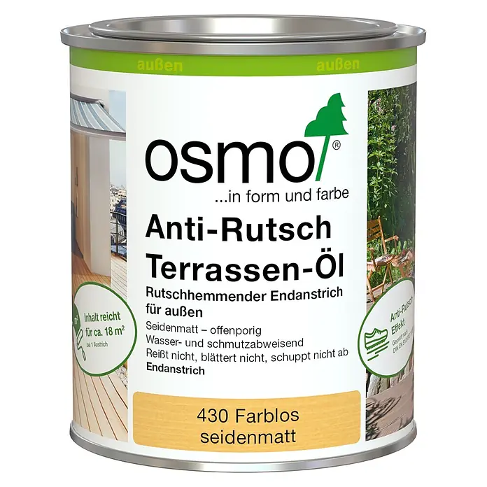 Osmo Anti-Rutsch Terrassen-Öl - 750 ml, Seidenmatt - Osmo Anti-Rutsch Terrassen-Öl Dose, farblos seidenmatt, für Holzterrassen im Außenbereich.