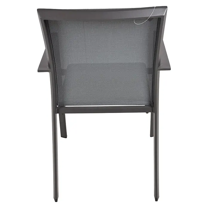 Garden Pleasure Gartenmöbel-Set Sophia - 9 -tlg., Aluminium, Polywood, Grau/Schwarz - Dunkelgrauer Stuhl mit Netzrückenlehne und Sitzfläche, von hinten gesehen.