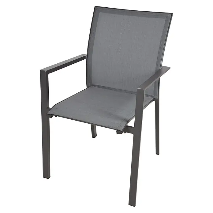 Garden Pleasure Gartenmöbel-Set Sophia - 9 -tlg., Aluminium, Polywood, Grau/Schwarz - Grauer Outdoor-Stuhl mit Metallrahmen und Netzstoff-Sitz und -Rückenlehne.