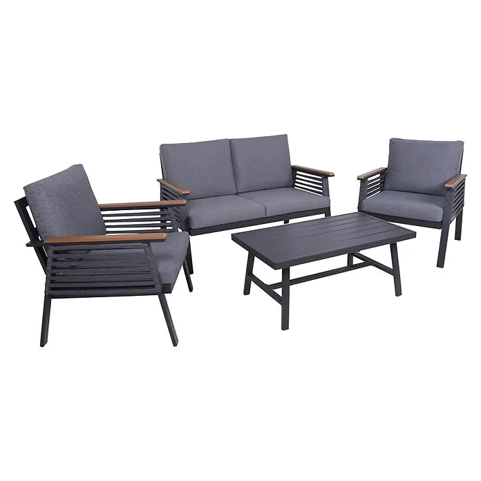Garden Pleasure Loungemöbel-Set Denia - 4 -tlg., Aluminium, Olefin, Grau - Moderne graue Outdoor-Sofa, zwei Sessel und Couchtisch mit Holzdetails.