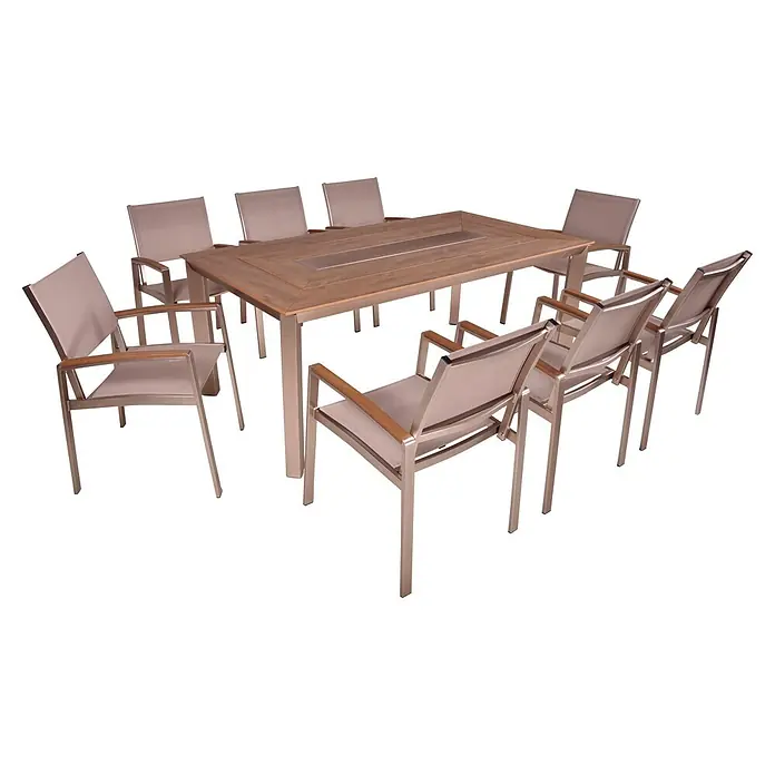 Garden Pleasure Gartenmöbel-Set Florence - 9 -tlg., Aluminium, Polystyrol, Kunststoffgewebe, Champagner/Grau - Outdoor-Essgruppe: Heller Holz-Metall-Tisch mit Mittelfunktion, 10 passende Stühle mit hellem Stoff und Metall.