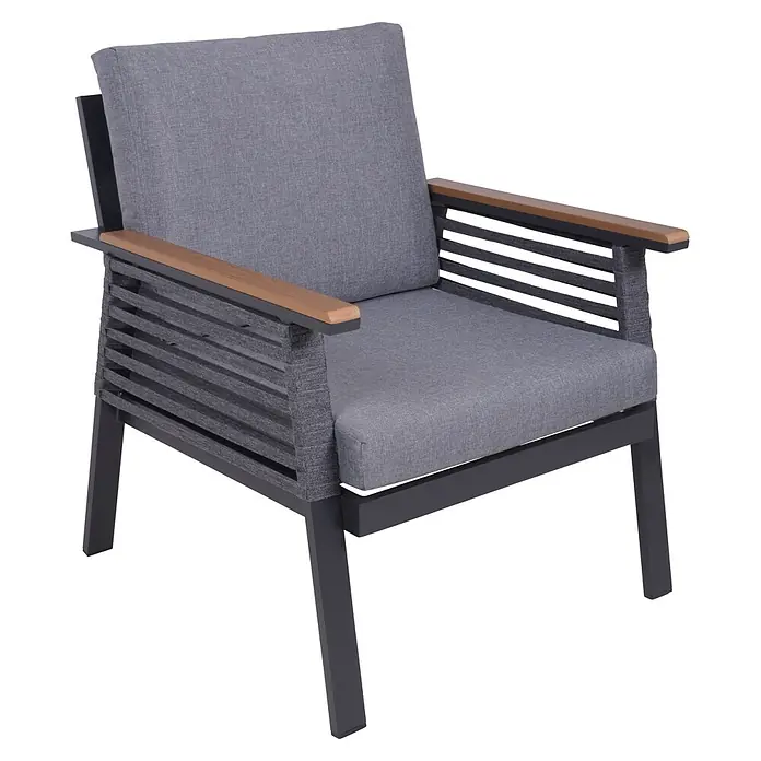 Garden Pleasure Loungemöbel-Set Denia - 4 -tlg., Aluminium, Olefin, Grau - Moderner grauer Outdoor-Sessel mit dunklem Gestell, Holzarmlehnen und gewebten Seitenpaneelen.