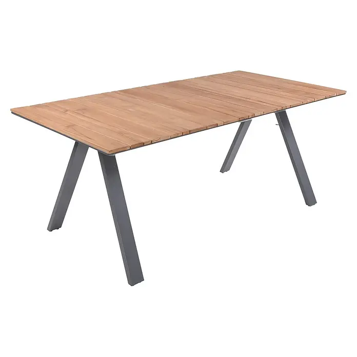 Garden Pleasure Gartenmöbel-Set Davina - 7 -tlg., Aluminium, Teak, Grau-Hellbraun, Stapelbar - Esstisch für den Außenbereich mit Lattenplatte aus Naturholz und abgewinkelten dunkelgrauen Metallbeinen.