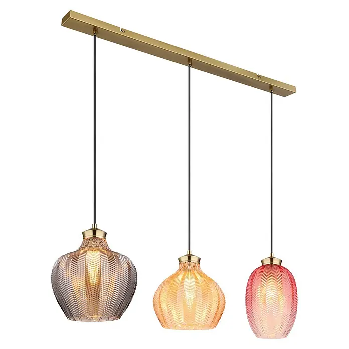 Globo Pendelleuchte Jessica - 60 W, L x B x H: 90 x 25 x 120 cm, E27 - Lineare Pendelleuchte mit goldener Stange und drei gerippten Glasschirmen in Braun, Orange und Rot.