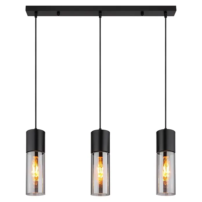 Globo Pendelleuchte Annika - Höhe: 1.500 mm - Schwarze lineare Pendelleuchte mit drei zylindrischen Klarglasschirmen und warmen LED Edison-Glühbirnen.