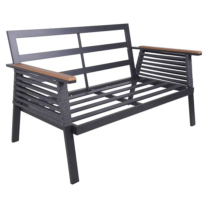 Garden Pleasure Loungemöbel-Set Denia - 4 -tlg., Aluminium, Olefin, Grau - Dunkelgraue Outdoor-Bank aus Metall mit hellbraunen Holzarmlehnen und Seiten aus grauem Seilgeflecht.