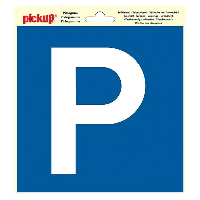 Pickup Etiqueta adhesiva - L x An: 20 x 20 cm, Parking - Señal de estacionamiento azul "Pickup" con una "P" blanca grande, autoadhesiva, resistente al color y a la intemperie para interiores y exteriores.