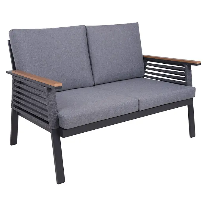 Garden Pleasure Loungemöbel-Set Denia - 4 -tlg., Aluminium, Olefin, Grau - Graues Outdoor-Zweisitzer-Sofa mit schwarzem Metallgestell und Holzarmlehnen, mit dicken grauen Kissen.