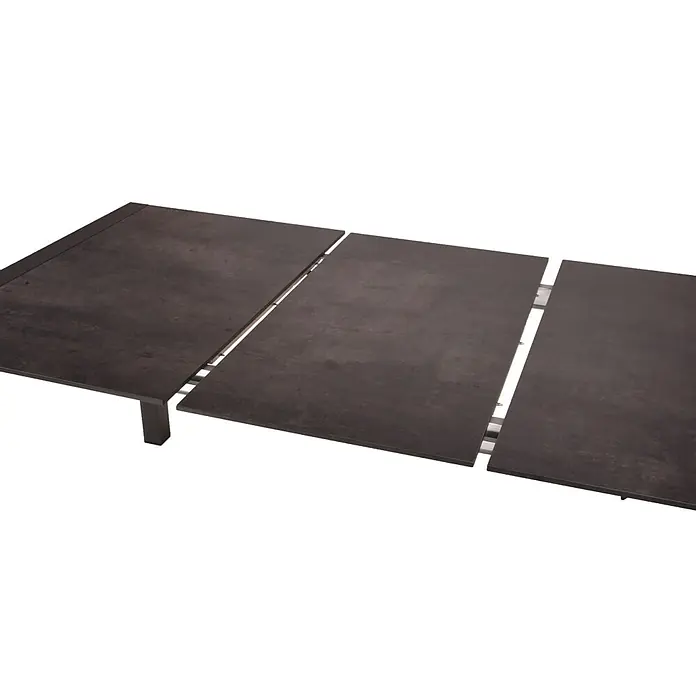 Garden Pleasure Gartenmöbel-Set Sophia - 9 -tlg., Aluminium, Polywood, Grau/Schwarz - Dunkelgrauer Ausziehtisch mit strukturierter Oberfläche, teilweise geöffnet mit ausziehbarem Mechanismus.