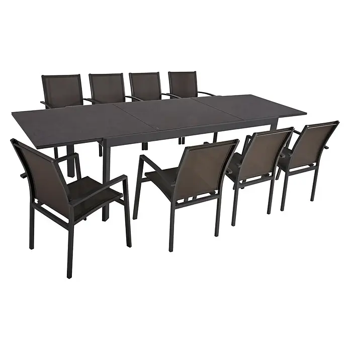 Garden Pleasure Gartenmöbel-Set Nerea - 9 -tlg., Aluminium, Glas, Schwarz - Dunkelgrauer ausziehbarer Outdoor-Esstisch mit acht passenden Netzstühlen.