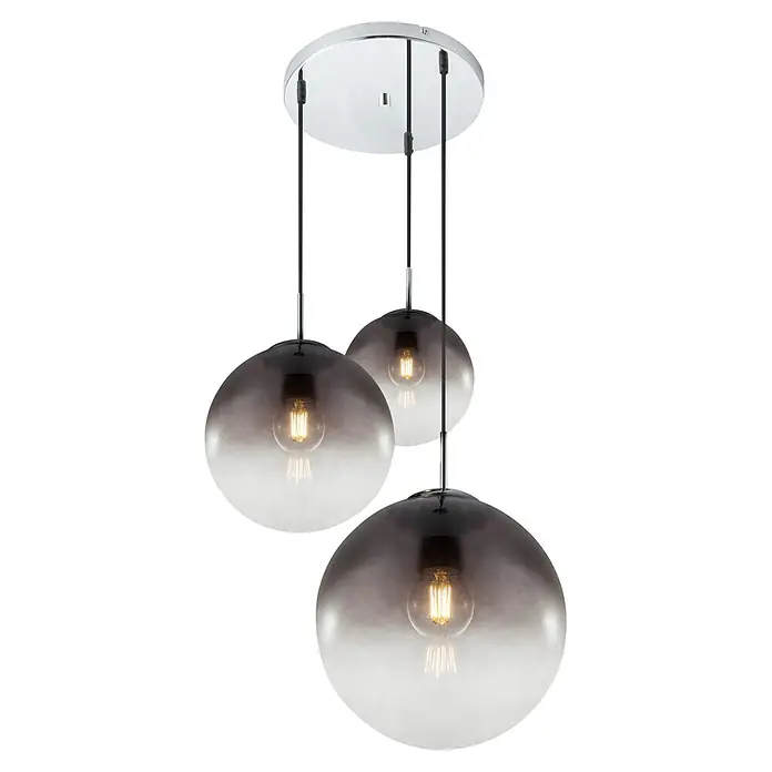 Globo Pendelleuchte Varus - 40 W, Ø x H: 51 x 120 cm, E27 - Dreiflammige Pendelleuchte mit Chrom-Deckenplatte und kugelförmigen Rauchglas-Schirmen mit Farbverlauf, jeweils mit Edison-LED-Birne.