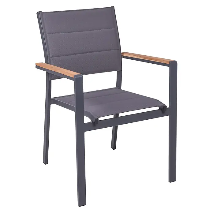 Garden Pleasure Gartenmöbel-Set Davina - 7 -tlg., Aluminium, Teak, Grau-Hellbraun, Stapelbar - Grauer Outdoor-Esszimmerstuhl mit anthrazitfarbener Textilbespannung und Armlehnen aus Naturholz.