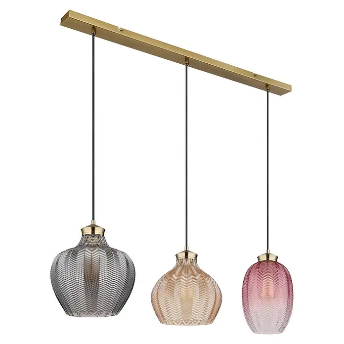 Globo Pendelleuchte Jessica - 60 W, L x B x H: 90 x 25 x 120 cm, E27 - Dreiflammige Pendelleuchte mit goldener Stange und schwarzen Kabeln, mit strukturierten Glasschirmen in Grau, Bernstein und Rosa.