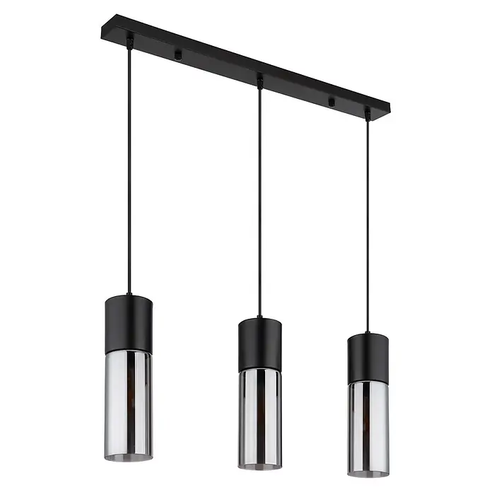 Globo Pendelleuchte Annika - Höhe: 1.500 mm - Schwarze Linear-Pendelleuchte mit drei zylindrischen Schirmen aus schwarzem und reflektierendem Glas.