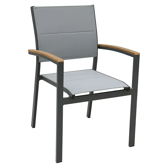 Garden Pleasure Gartenmöbel-Set Silea - 9 -tlg., Aluminium, Polywood, Anthrazit/Braun, Stapelbar - Grauer Outdoor-Sessel mit dunkelgrauem Metallrahmen, grauer Textilbespannung und hellen Holzarmlehnen.