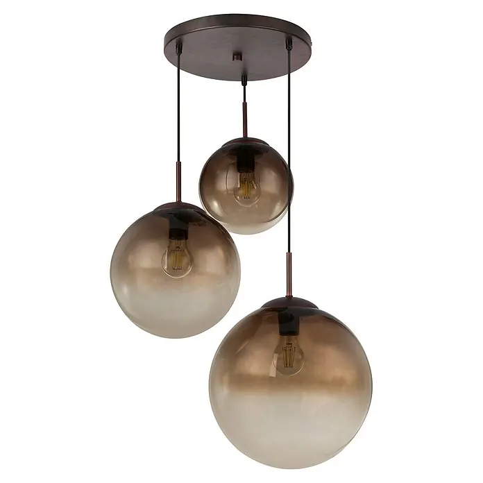 Globo Pendelleuchte Varus - 40 W, Ø x H: 51 x 120 cm, E27 - Mehrflammige Deckenleuchte mit drei rauchbraunen Glaskugeln und Vintage-LED-Leuchtmitteln, an dunkler Bronzeplatte.