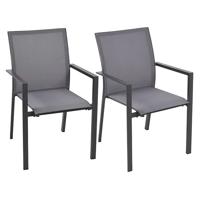 Garden Pleasure Gartenmöbel-Set Sophia - 9 -tlg., Aluminium, Polywood, Grau/Schwarz - Zwei graue Gartenstühle mit Netzgewebe-Sitzflächen und -Rückenlehnen, mit elegantem Metallrahmen.