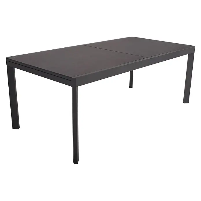 Garden Pleasure Gartenmöbel-Set Nerea - 9 -tlg., Aluminium, Glas, Schwarz - Dunkelgrauer rechteckiger Tisch mit vier stabilen Beinen. Die Tischplatte hat ein mehrteiliges Design.