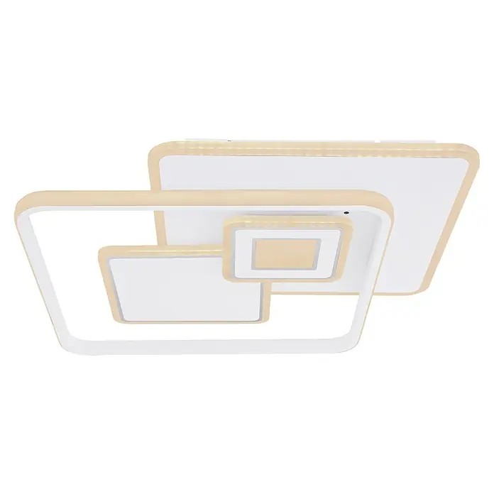 Globo LED-Deckenleuchte Roderick - 50 W, L x B x H: 50,3 x 50,3 x 6 cm, Weiß - Moderne quadratische LED-Deckenleuchte mit hellbeigem Rahmen und mehreren überlappenden, weiß beleuchteten Paneelen.