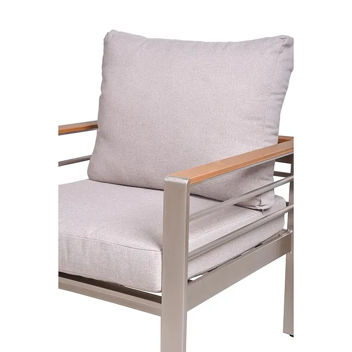 Garden Pleasure Loungemöbel-Set Florence - 4 -tlg., Aluminium, Polywood, Champagner - Outdoorstuhl mit hellgrauen Polstern, gebürstetem Metallrahmen und Holzarmlehnen.