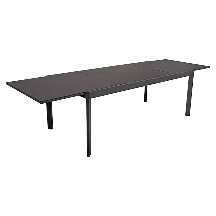 Garden Pleasure Gartenmöbel-Set Nerea - 9 -tlg., Aluminium, Glas, Schwarz - Dunkelgrauer ausziehbarer Esstisch für den Außenbereich mit rechteckiger, segmentierter Platte und vier robusten Beinen.