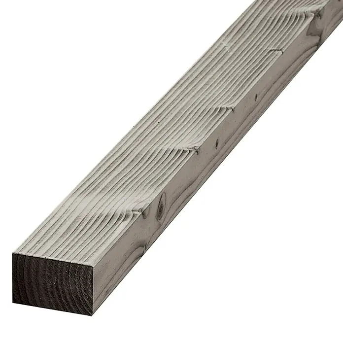 Konstruktionsholz - Kiefer, 300 x 4,5 x 2,8 cm - Nahaufnahme eines einzelnen, grauen, imprägnierten Kantholzes, das für Bauprojekte geeignet ist und eine deutliche Holzmaserung aufweist.