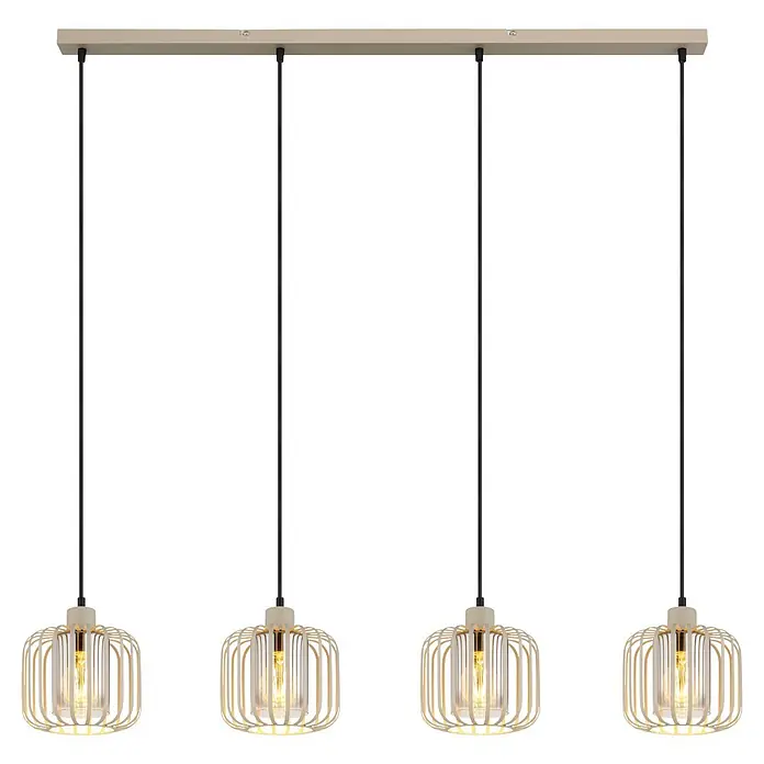 Globo Pendelleuchte Alfred - Ø x H: 18 cm x 120 mm, 40 W, E27 - Vierflammige Hängeleuchte mit beigem Gehäuse, schwarzen Kabeln und Käfigschirmen mit glühenden Filamentbirnen.