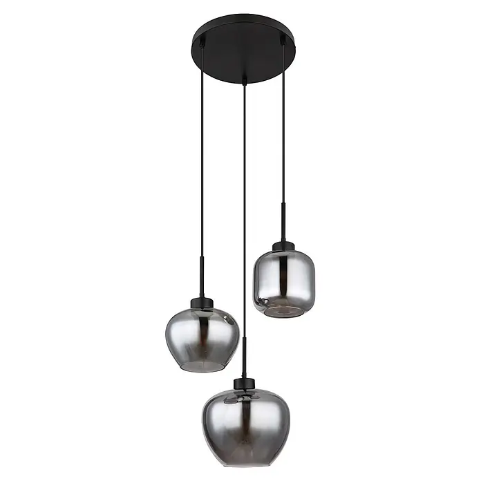 Globo Pendelleuchte Matt - Höhe: 1.200 mm, Anzahl Leuchtmittel: 3 Stk. - Dreiflammige Pendelleuchte mit schwarzer Deckenbefestigung und rauchfarbenen, glockenförmigen Glasschirmen.