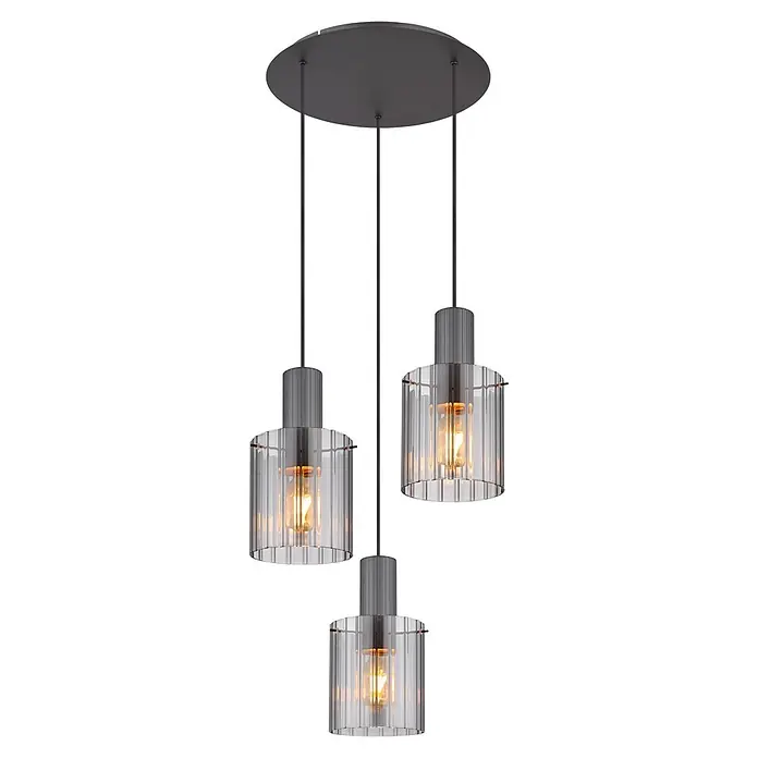 Globo Pendelleuchte Tulivar - 40 W, Ø x H: 48 x 150 cm - Dreiflammige Pendelleuchte mit klaren geriffelten Glasschirmen und dunkelgrauem Metall, glühende Birnen.