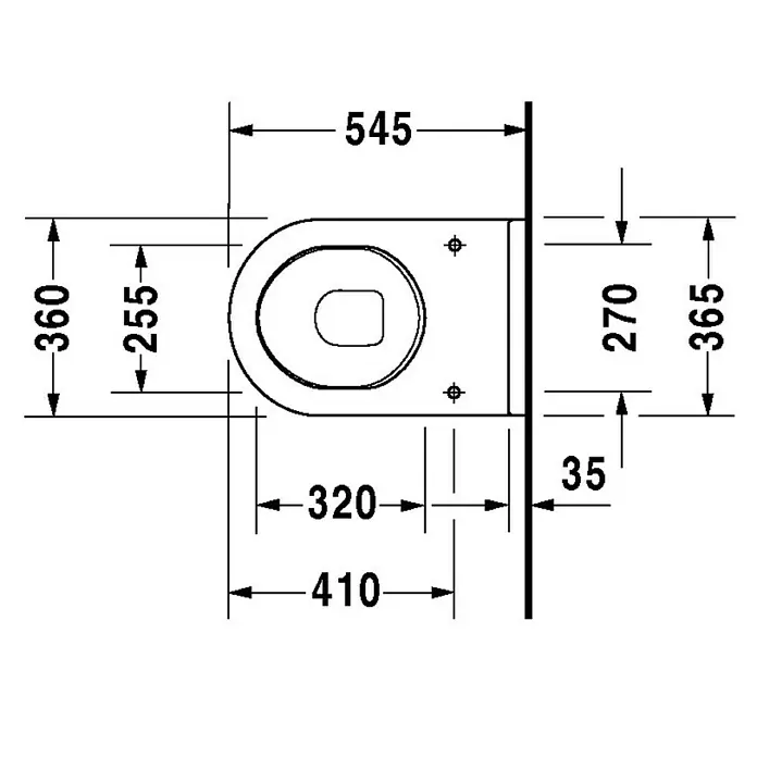 Duravit Starck 3 Wand-WC Comfort - Mit Spülrand, Mit antibakterieller Glasur, Spülform: Tief, WC Abgang: Waagerecht, Weiß - Draufsicht auf eine Toilette mit Maßangaben zur Installation, die die Abmessungen und den benötigten Platz zeigen.