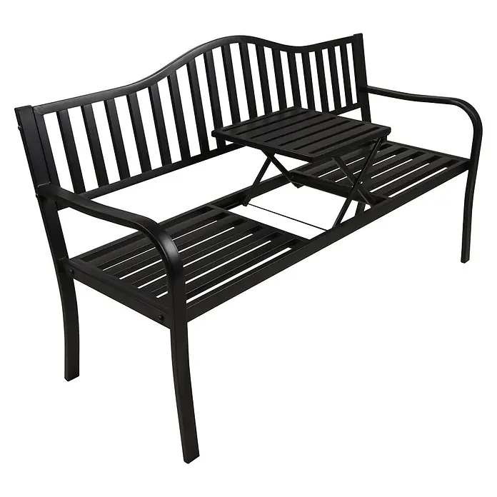 Garden Pleasure Gartenbank Segula - B x T x H: 150 x 60 x 89 cm, Stahl, Schwarz - Schwarze Metallgartenbank mit integriertem Klapptisch.