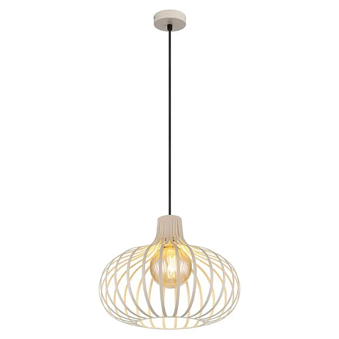 Globo Pendelleuchte Mateo - 40 W, Ø x H: 40 cm x 1.500 mm, E27 - Helle cremefarbene Pendelleuchte mit geometrischem Lamellenschirm, schwarzem Textilkabel und Vintage-Birne.