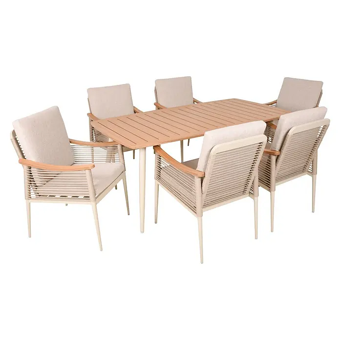 Garden Pleasure Gartenmöbel-Set Talum - 7 -tlg., Aluminium, Polywood, Beige - Outdoor-Essgruppe mit rechteckigem Lamellentisch und sechs Stühlen mit Seilgeflecht, Stoffkissen und Holzarmlehnen.