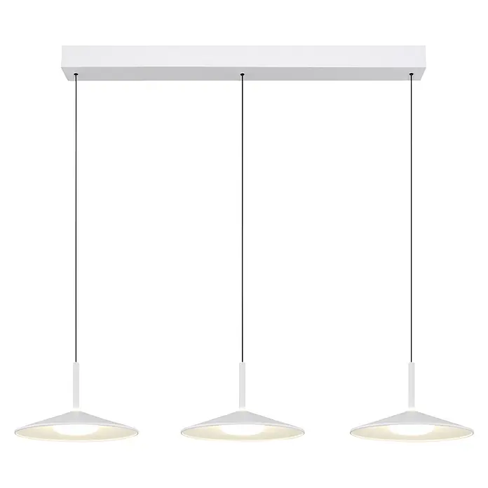 Globo LED-Pendelleuchte rund Lampone - 24 W - Drei moderne weiße Hängeleuchten mit runden Schirmen, aufgehängt an einer rechteckigen Deckenplatte.