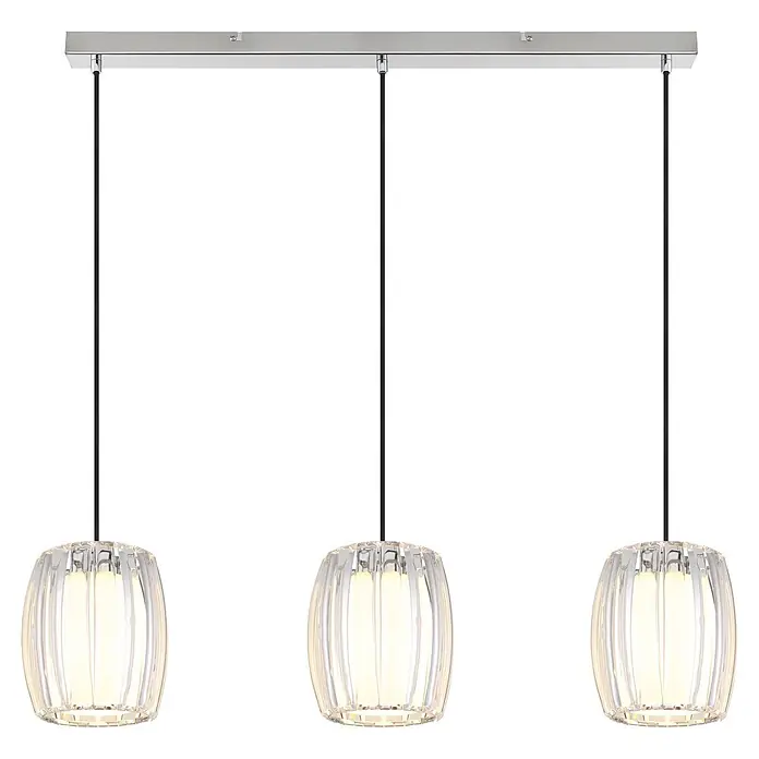 Globo Pendelleuchte Maribel - Höhe: 1.200 mm, 60 W, E27 - Dreiflammige Pendelleuchte mit silberner Schiene und drei klaren, geriffelten Glasschirmen, die warmes Licht abgeben.