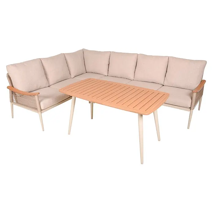 Garden Pleasure Loungemöbel-Set Talum - 2 -tlg., Aluminium, Polywood, Sandbeige - Outdoor-Ecksofa mit hellen Kissen, geflochtenen Armlehnen, Holzoptik-Oberflächen und passendem rechteckigen Couchtisch.