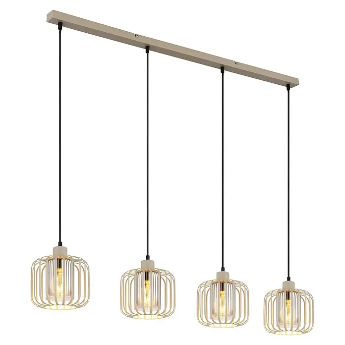 Globo Pendelleuchte Alfred - Ø x H: 18 cm x 120 mm, 40 W, E27 - Beige lineare Pendelleuchte mit vier Käfiglampen, Klarglas und glühenden Edison-Birnen.