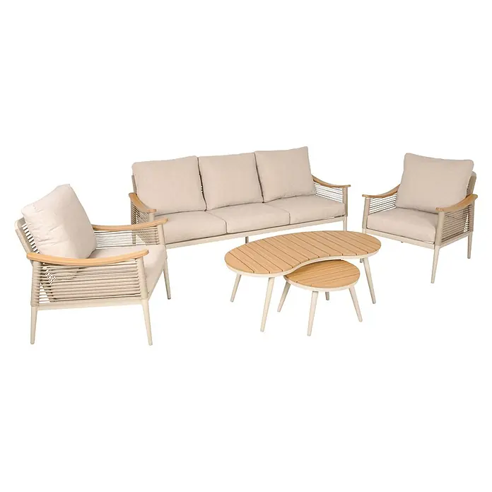 Garden Pleasure Loungemöbel-Set Tulum - 5 -tlg., Aluminium, Polywood, Textil, Beige - Outdoor-Lounge-Set: cremefarbenes Sofa, zwei Sessel, helle Holzarmlehnen, geflochtene Details und zwei Beistelltische.