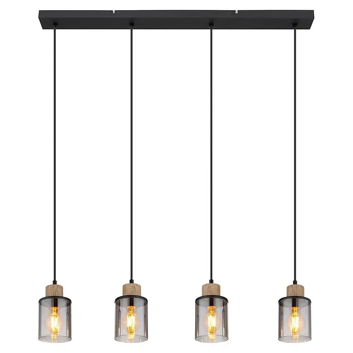 Globo Pendelleuchte Reid - 15 W, L x B x H: 780 x 100 x 1.200 mm, E27 - Eine schwarze lineare Pendelleuchte mit vier leuchtenden Edison-Glühbirnen in zylindrischen Glas- und Holzschirmen.