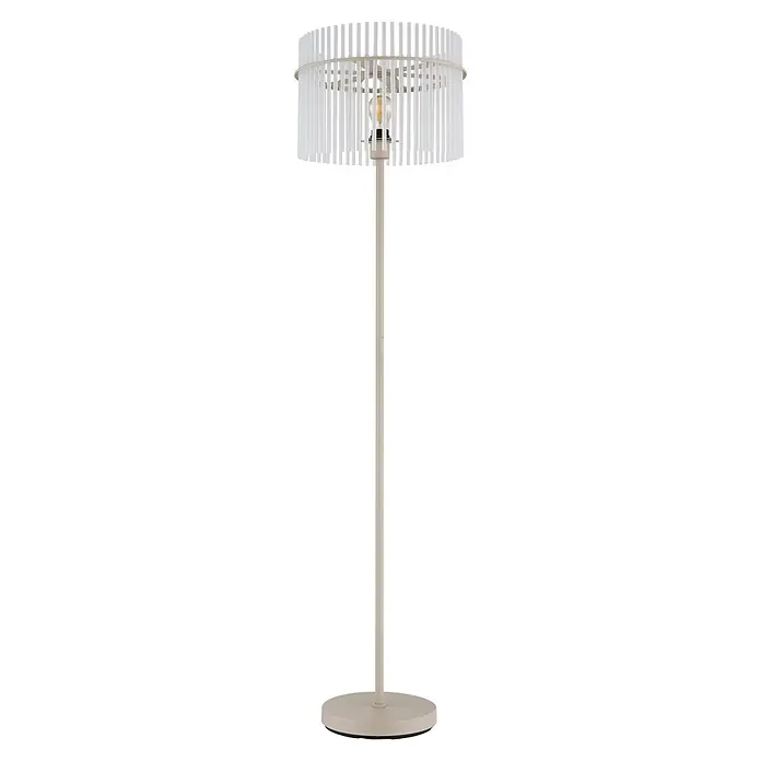 Globo Stehleuchte Gorley - 60 W, Höhe: 1.520 mm, E27 - Hohe, hellbeige Stehlampe mit zylindrischem Schirm aus vertikalen weißen Lamellen, der eine Glühbirne zeigt.