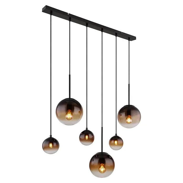 Globo Pendelleuchte Hallie - Höhe: 1.170 mm, 9 W, E27 - Schwarze lineare Pendelleuchte mit sechs bernsteinfarbenen Kugelschirmchen und warmen Glühbirnen.