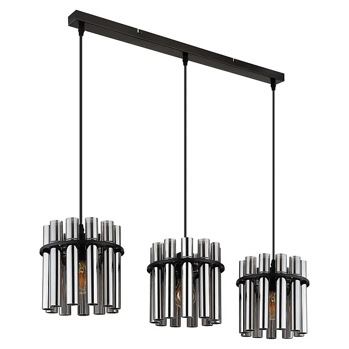 Globo Pendelleuchte Gorley - 60 W, Ø x H: 20 x 120 cm - Dreiflammige, lineare Pendelleuchte mit schwarzem Baldachin und drei zylindrischen, Chrom-Effekt-Leuchtenschirmen.