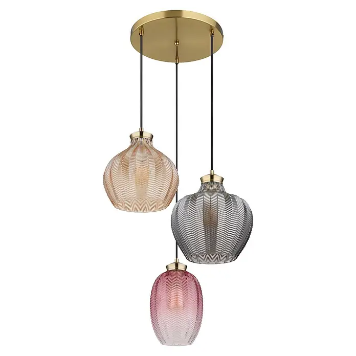 Globo Pendelleuchte Jessica - 60 W, Ø x H: 45 x 120 cm, E27 - Dreiflammige Pendelleuchte mit runder Messing-Deckenplatte und drei strukturierten Glasschirmen in Amber, Grau und Pink.