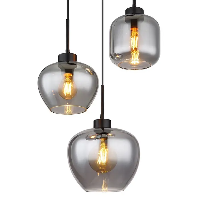 Globo Pendelleuchte Matt - Höhe: 1.200 mm, Anzahl Leuchtmittel: 3 Stk. - Drei moderne Pendelleuchten mit Rauchglas-Schirmen und sichtbaren Edison-Glühbirnen.