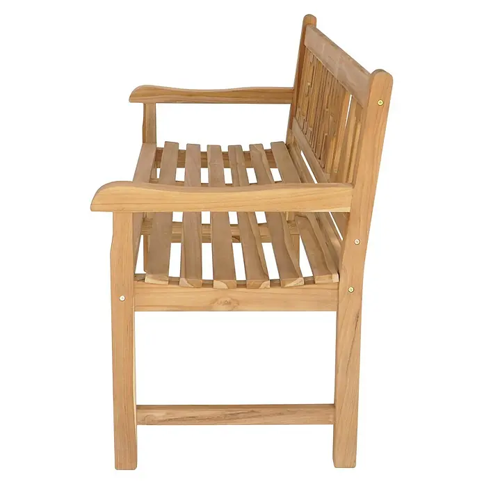 Garden Pleasure Gartenbank Lieblingsplatz - B x T x H: 150 x 63 x 89 cm, Teak, Braun - Eine helle Holzbank mit Lattenrostsitz und Rückenlehne, von der Seite gesehen.