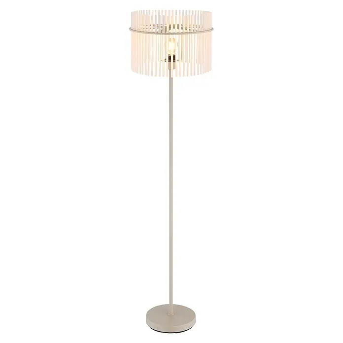 Globo Stehleuchte Gorley - 60 W, Höhe: 1.520 mm, E27 - Moderne Stehleuchte in hellem Neutralton mit rundem Schirm aus vertikalen Lamellen und sichtbarer Glühbirne auf rundem Sockel.